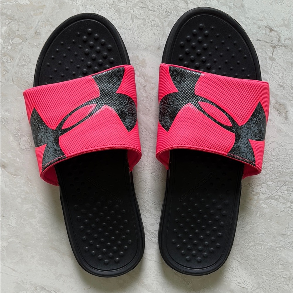 Under Armour Pink and Black Sandals with Textured Footbed